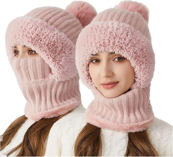 Women's Knitted Hat, 3 in 1 Cold Resistant, Wind-Resistant Scarf Hat Face Mask Hooded Scarf
