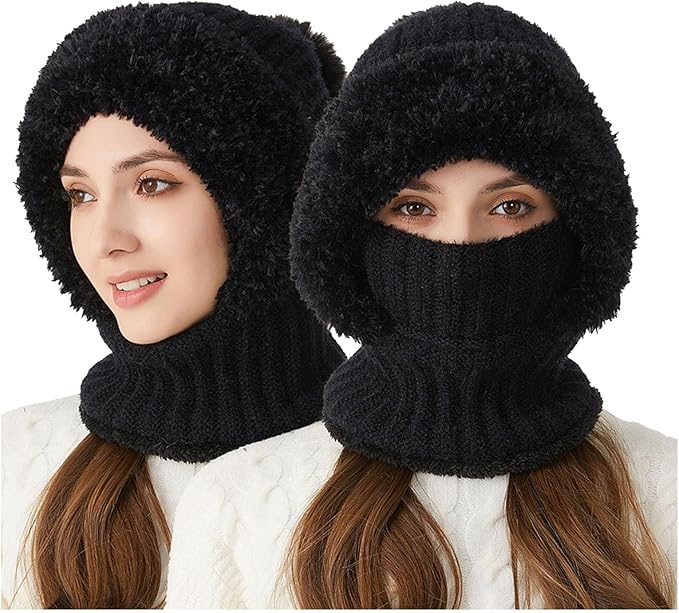 Women's Knitted Hat, 3 in 1 Cold Resistant, Wind-Resistant Scarf Hat Face Mask Hooded Scarf