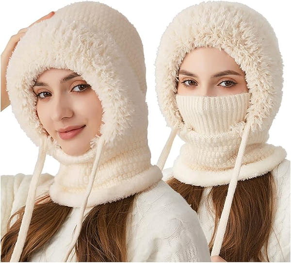 Women's Knitted Hat, 3 in 1 Cold Resistant, Wind-Resistant Scarf Hat Face Mask Hooded Scarf