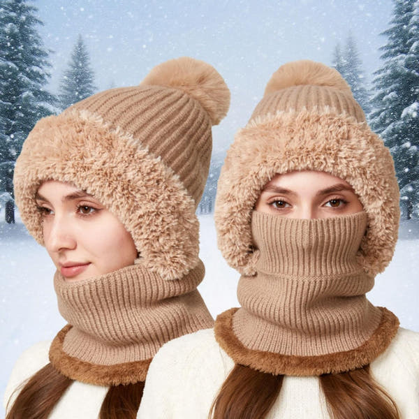Women's Knitted Hat, 3 in 1 Cold Resistant, Wind-Resistant Scarf Hat Face Mask Hooded Scarf
