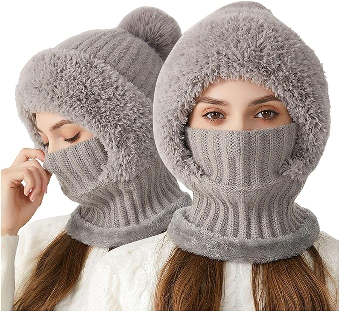 Women's Knitted Hat, 3 in 1 Cold Resistant, Wind-Resistant Scarf Hat Face Mask Hooded Scarf
