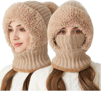 Women's Knitted Hat, 3 in 1 Cold Resistant, Wind-Resistant Scarf Hat Face Mask Hooded Scarf