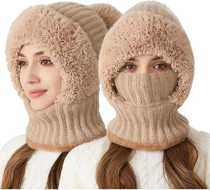 Women's Knitted Hat, 3 in 1 Cold Resistant, Wind-Resistant Scarf Hat Face Mask Hooded Scarf